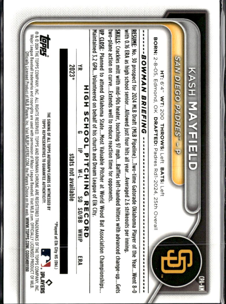 Kash Mayfield 2024 Bowman Chrome 1st Auto Autograph San Diego Padres