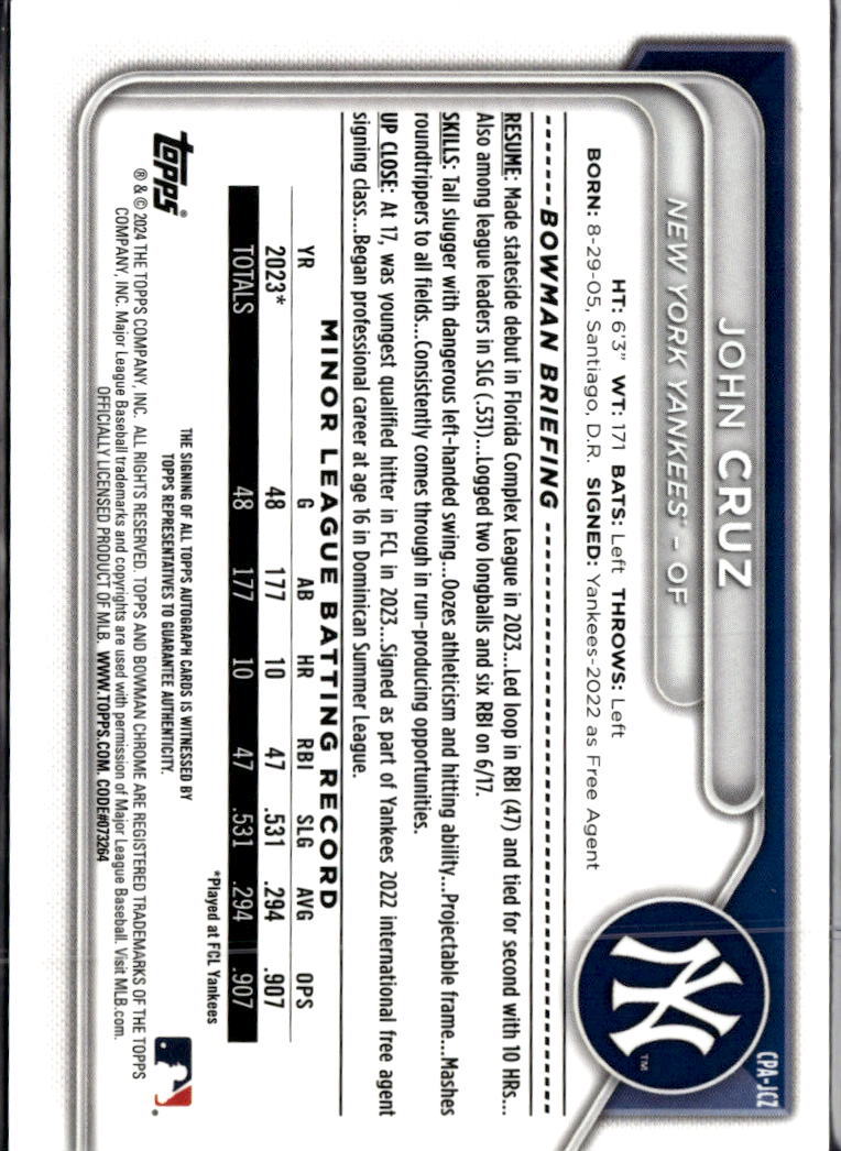 John Cruz 2024 Bowman Chrome 1st Auto Autograph New York Yankees