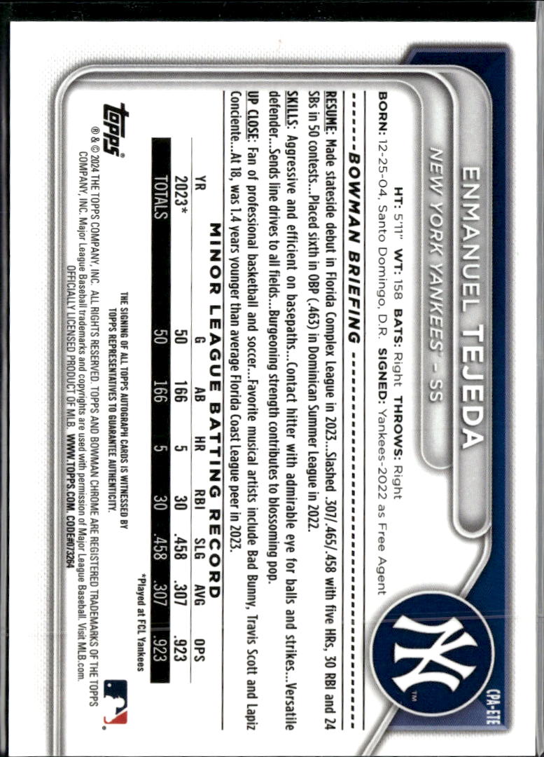 Enmanuel Tejeda 2024 Bowman Chrome 1st Auto Autograph New York Yankees