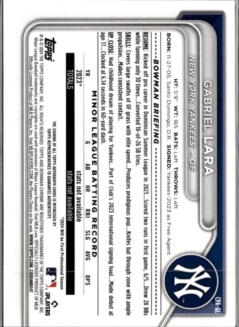 Gabriel Lara 2024 Bowman Chrome 1st Auto Autograph New York Yankees