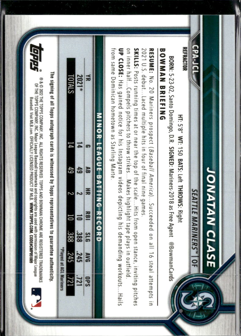 Jonatan Clase 2022 Bowman Chrome 1st Auto Autograph /499 Seattle Mariners