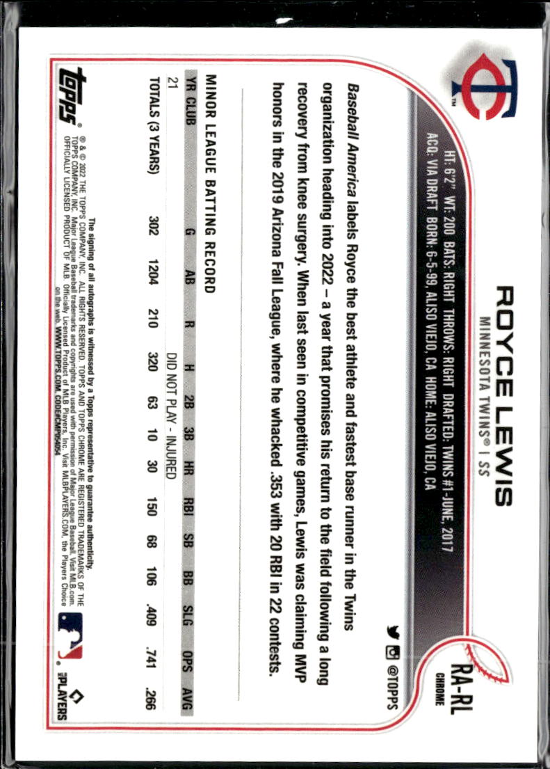 Royce Lewis 2022 Topps Chrome Auto Autograph RC Minnesota Twins