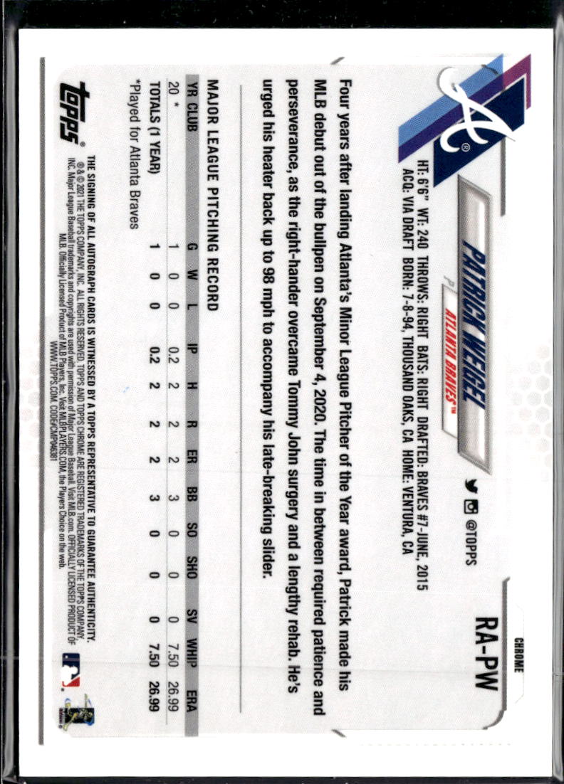 Patrick Weigel 2021 Topps Chrome Auto Autograph RC Atlanta Braves