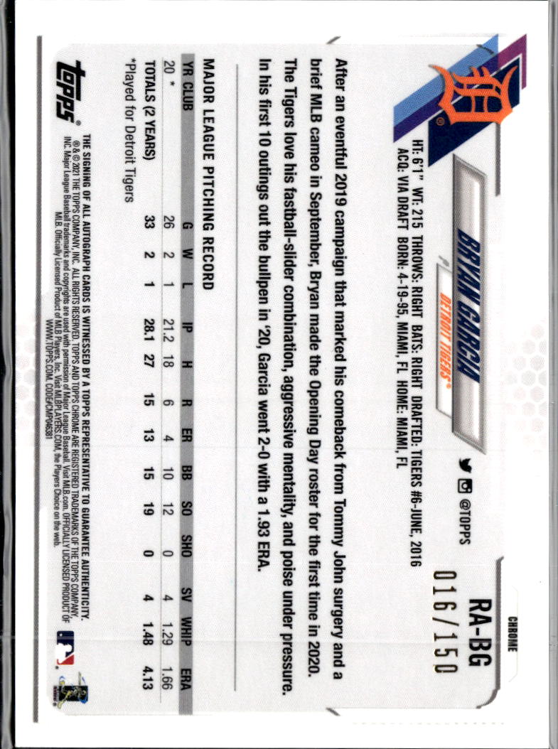 Bryan Garcia 2021 Topps Chrome Auto Autograph RC /150 Detroit Tigers