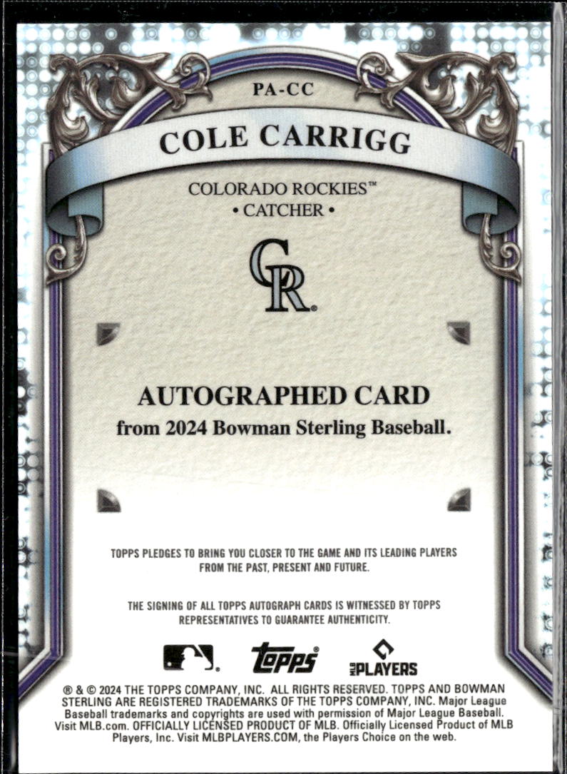 Cole Carrigg 2024 Bowman Sterling Auto Autograph Colorado Rockies