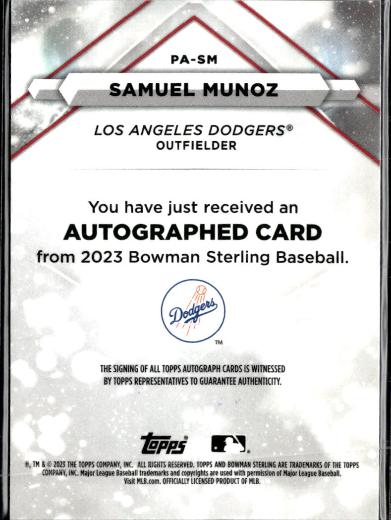 Samuel Munoz 2023 Bowman Sterling Auto Autograph Los Angeles Dodgers
