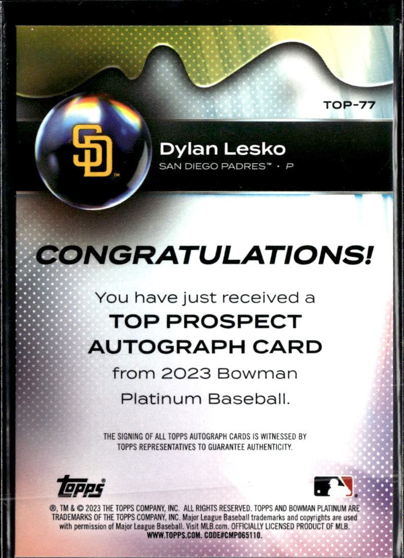 Dylan Lesko 2023 Bowman Platinum Auto Autograph San Diego Padres