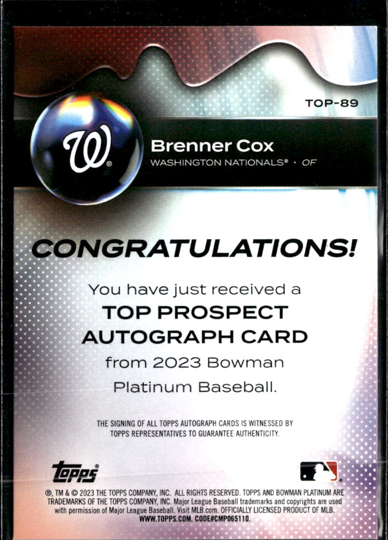 Brenner Cox 2023 Bowman Platinum Auto Autograph Washington Nationals