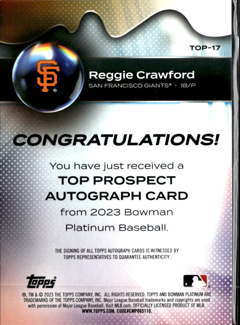 Reggie Crawford 2023 Bowman Platinum Auto Autograph San Francisco Giants