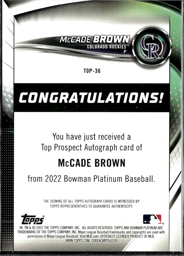 McCade Brown 2022 Bowman Platinum Auto Autograph Colorado Rockies