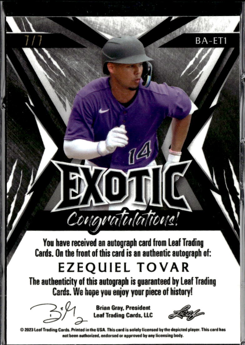 Ezequiel Tovar 2023 Leaf Exotic Auto Autograph 7/7 Colorado Rockies