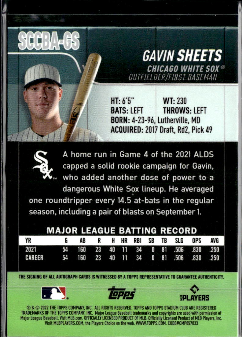 Gavin Sheets 2022 Topps Stadium Club Auto Autograph RC Chicago White Sox