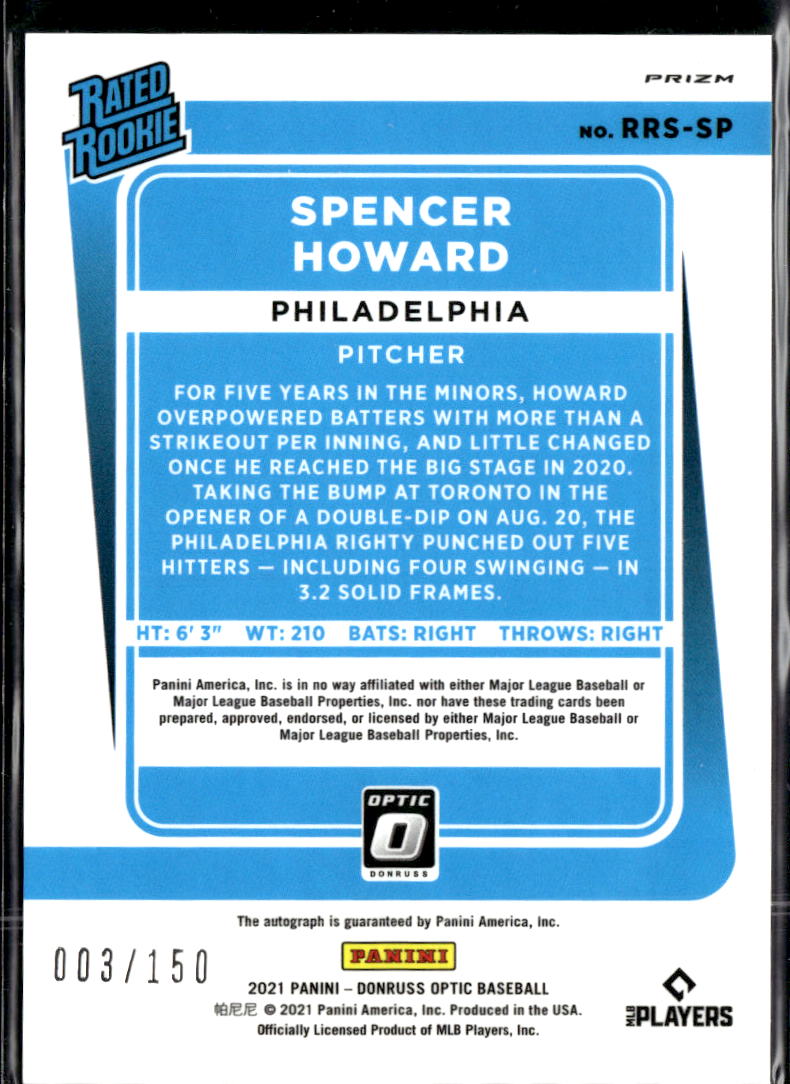 Spencer Howard 2021 Optic Rated Rookie Auto Autograph /150 Philadelphia Phillies