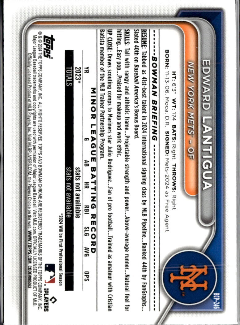 Edward Lantigua 2024 Bowman Chrome 1st Speckle /299 New York Mets