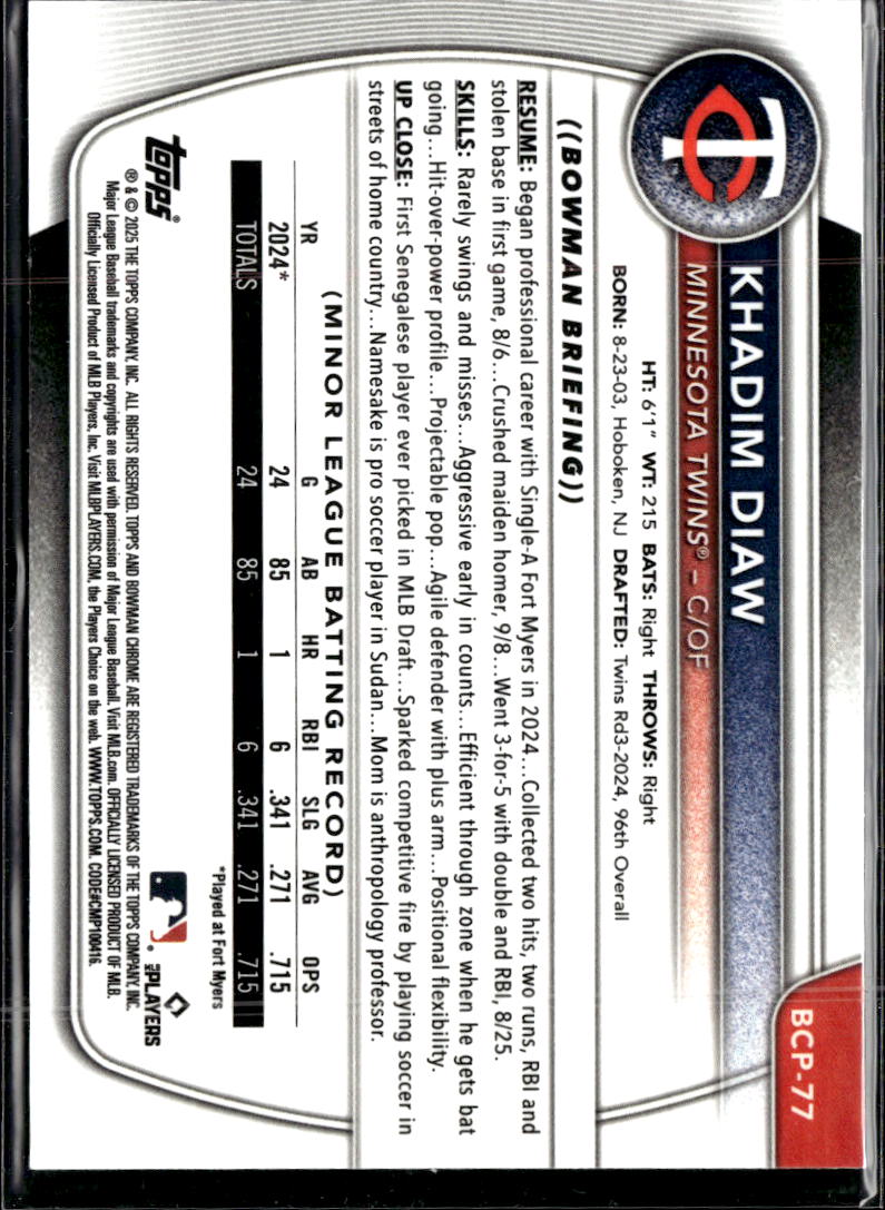 Khadim Diaw 2025 Bowman Chrome 1st Green 86/99 Minnesota Twins
