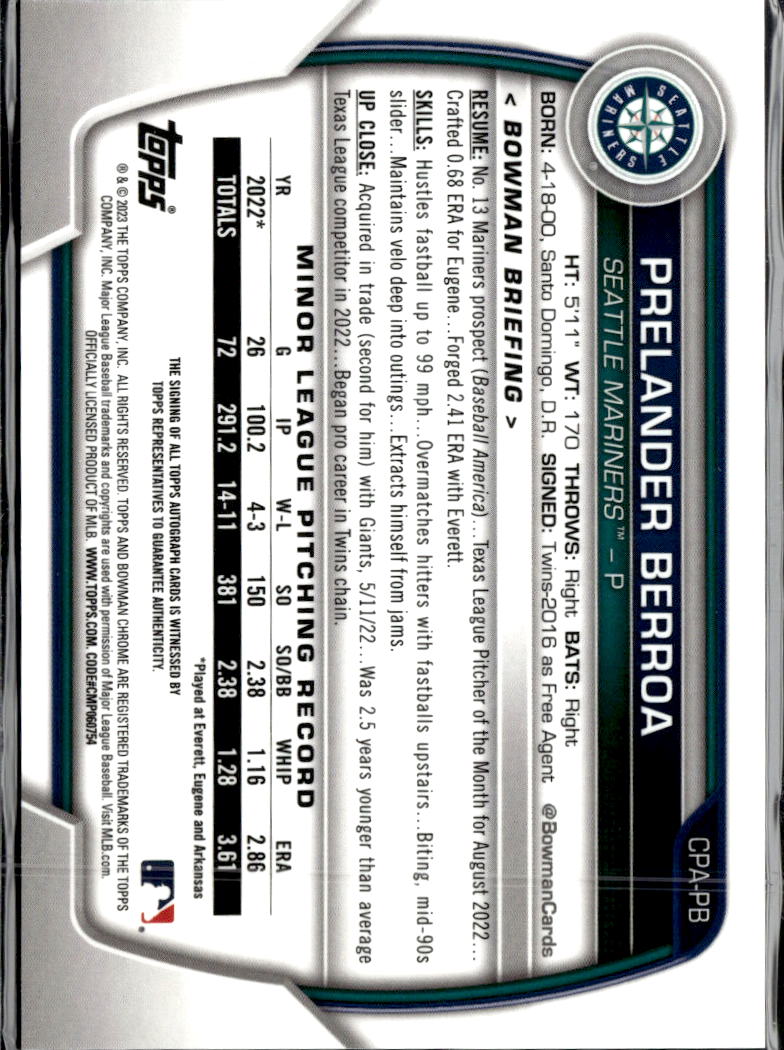 Prelander Berroa 2023 Bowman Chrome 1st Auto Autograph Seattle Mariners