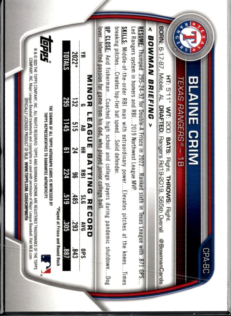Blaine Crim 2023 Bowman Chrome 1st Auto Autograph Texas Rangers