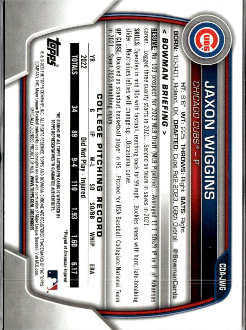 Jaxon Wiggins 2023 Bowman Chrome 1st Auto Autograph Chicago Cubs