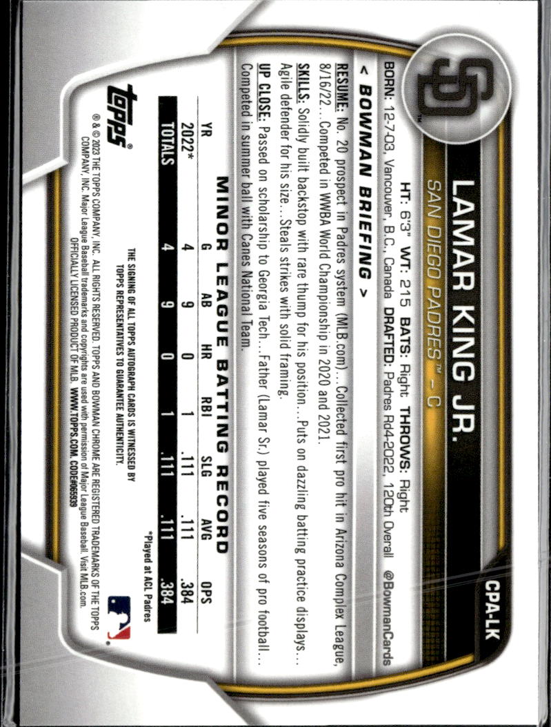 Lamar King Jr. 2023 Bowman Chrome 1st Auto Autograph San Diego Padres