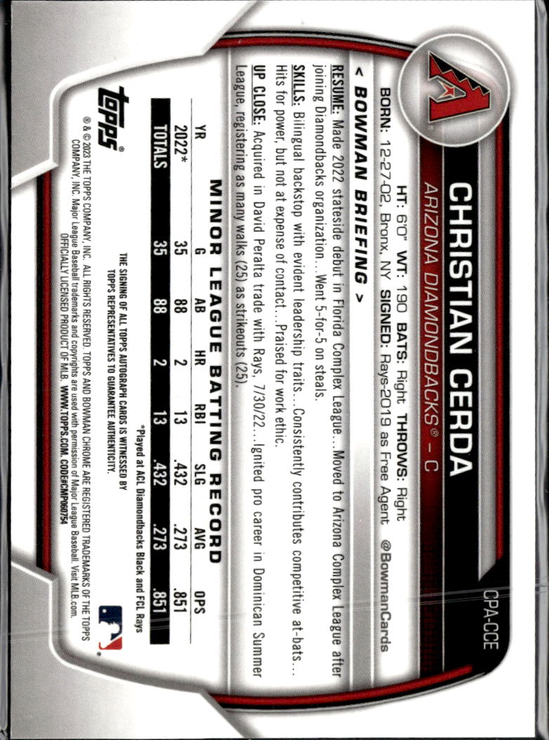 Christian Cerda 2023 Bowman Chrome 1st Auto Autograph Arizona Diamondbacks