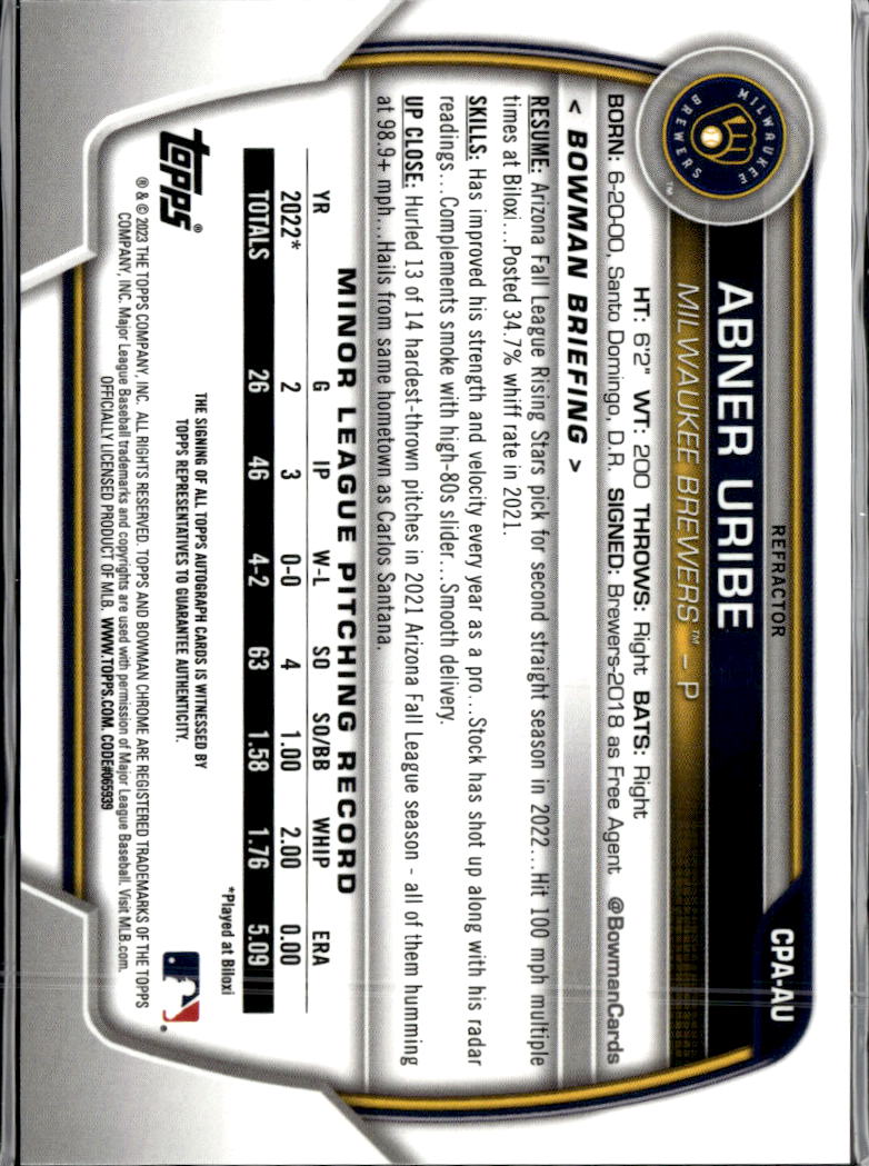 Abner Uribe 2023 Bowman Chrome 1st Auto Autograph /499 Milwaukee Brewers