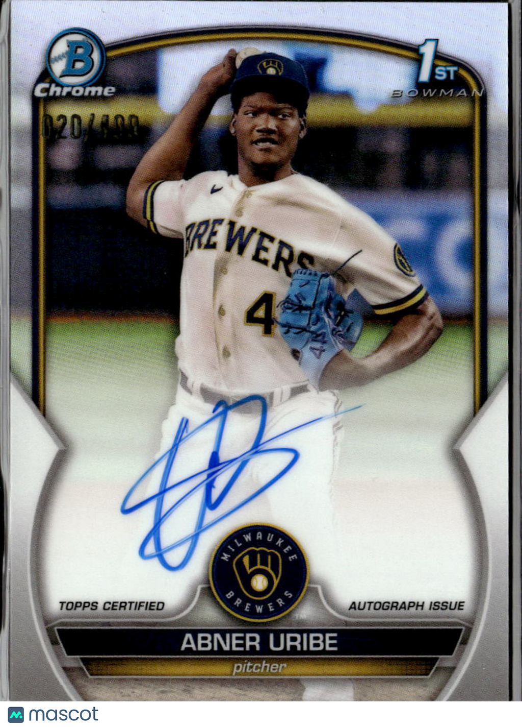 Abner Uribe 2023 Bowman Chrome 1st Auto Autograph /499 Milwaukee Brewers