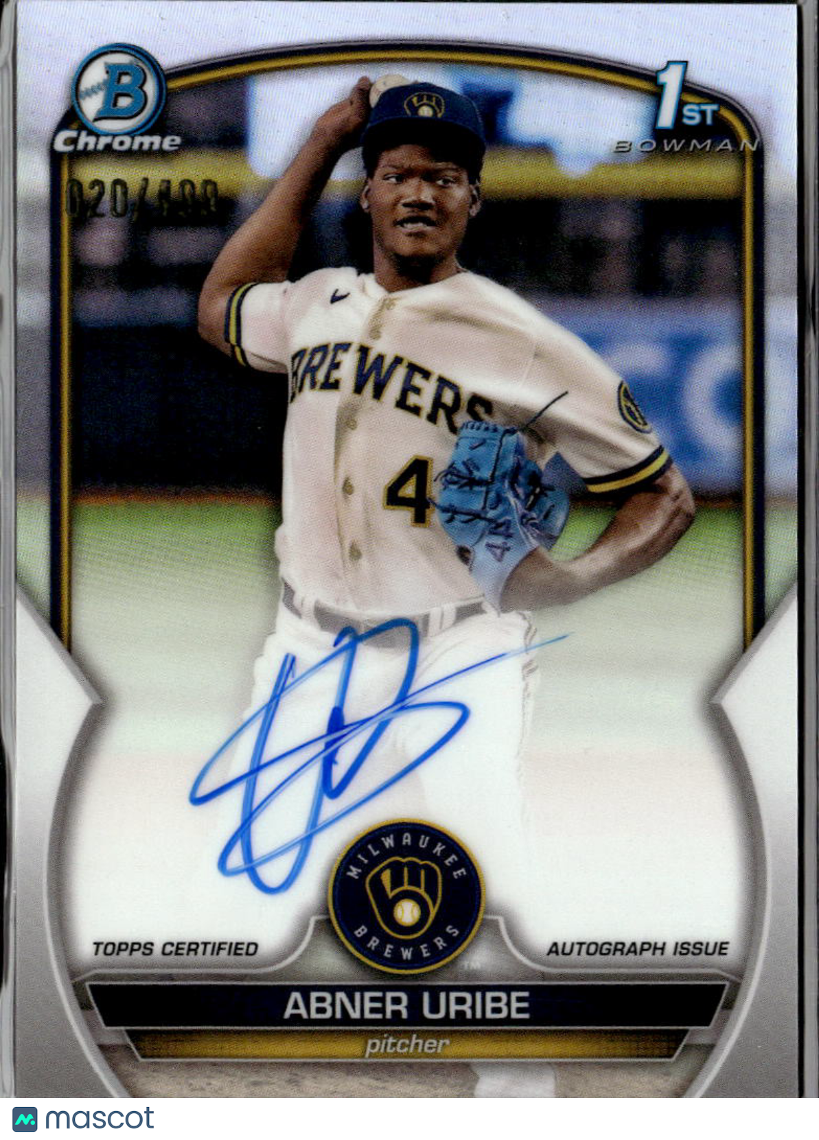 Abner Uribe 2023 Bowman Chrome 1st Auto Autograph /499 Milwaukee Brewers