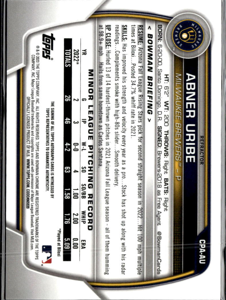 Abner Uribe 2023 Bowman Chrome 1st Auto Autograph /499 Milwaukee Brewers