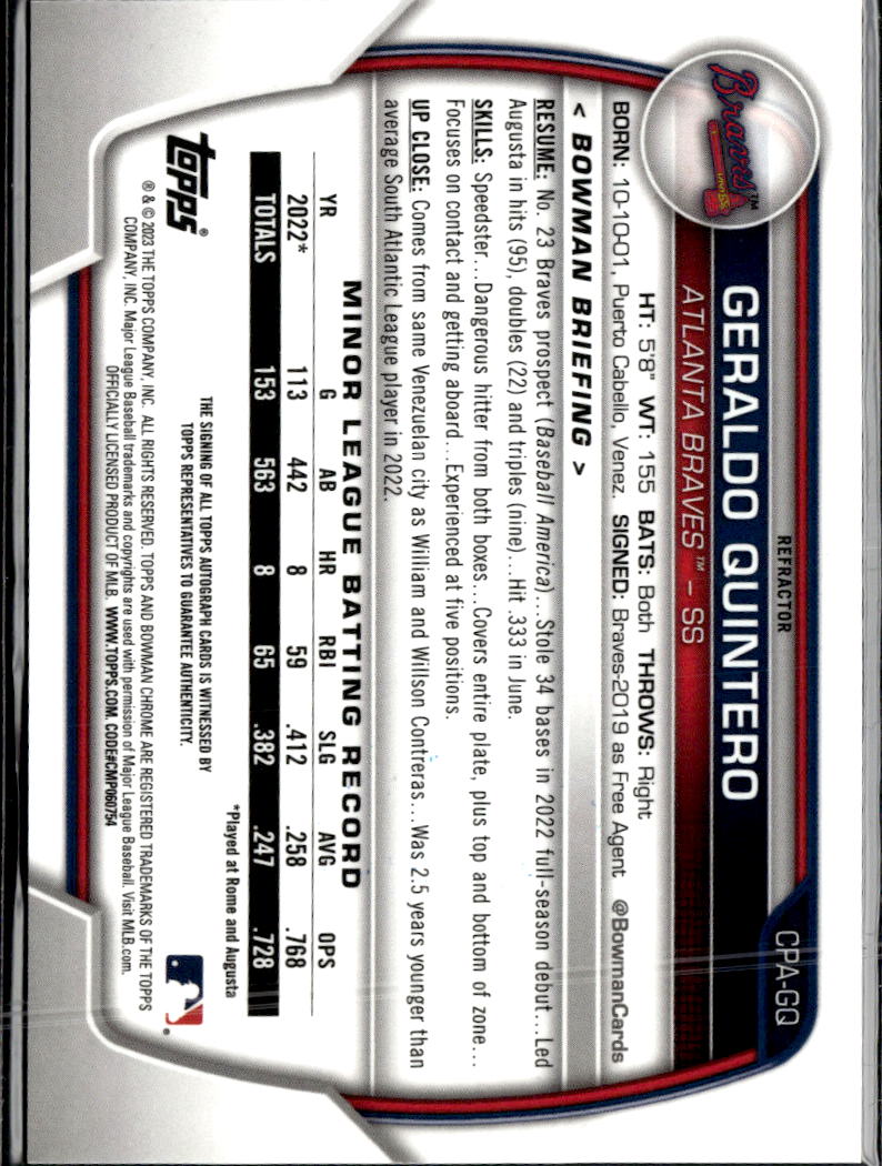 Geraldo Quintero 2023 Bowman Chrome 1st Auto Autograph /499 Atlanta Braves