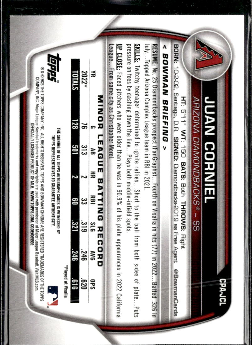 Juan Corniel 2023 Bowman Chrome 1st Auto Autograph /250 Arizona Diamondbacks