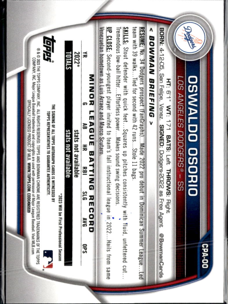 Oswaldo Osorio 2023 Bowman Chrome 1st Auto Autograph /250 Los Angeles Dodgers