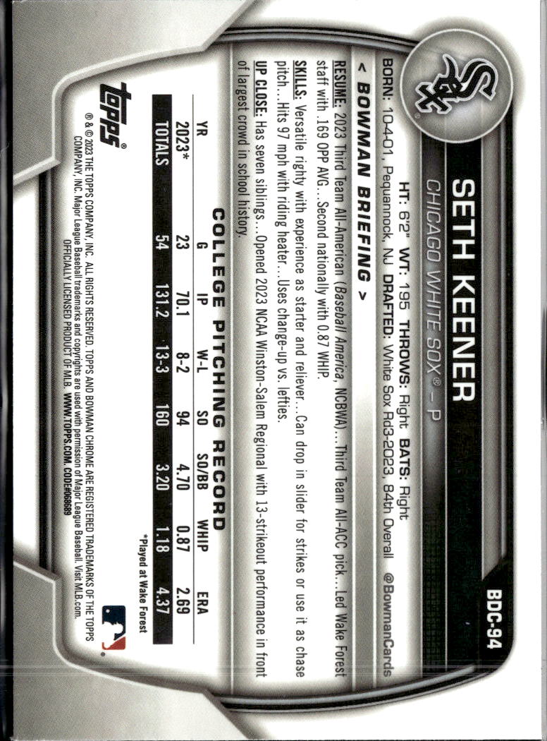 Seth Keener 2023 Bowman Chrome 1st Purple Refractor /250 Chicago White Sox