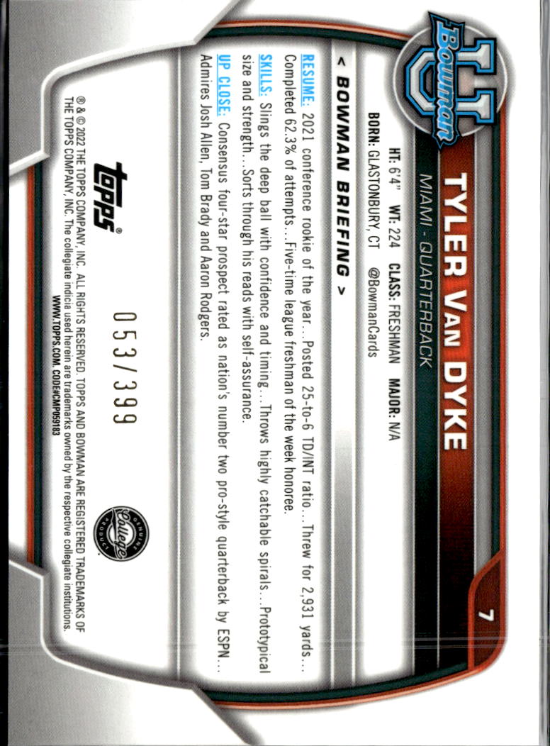 Tyler Van Dyke 2022 Bowman Chrome Purple Shimmer /399 Miami Hurricanes