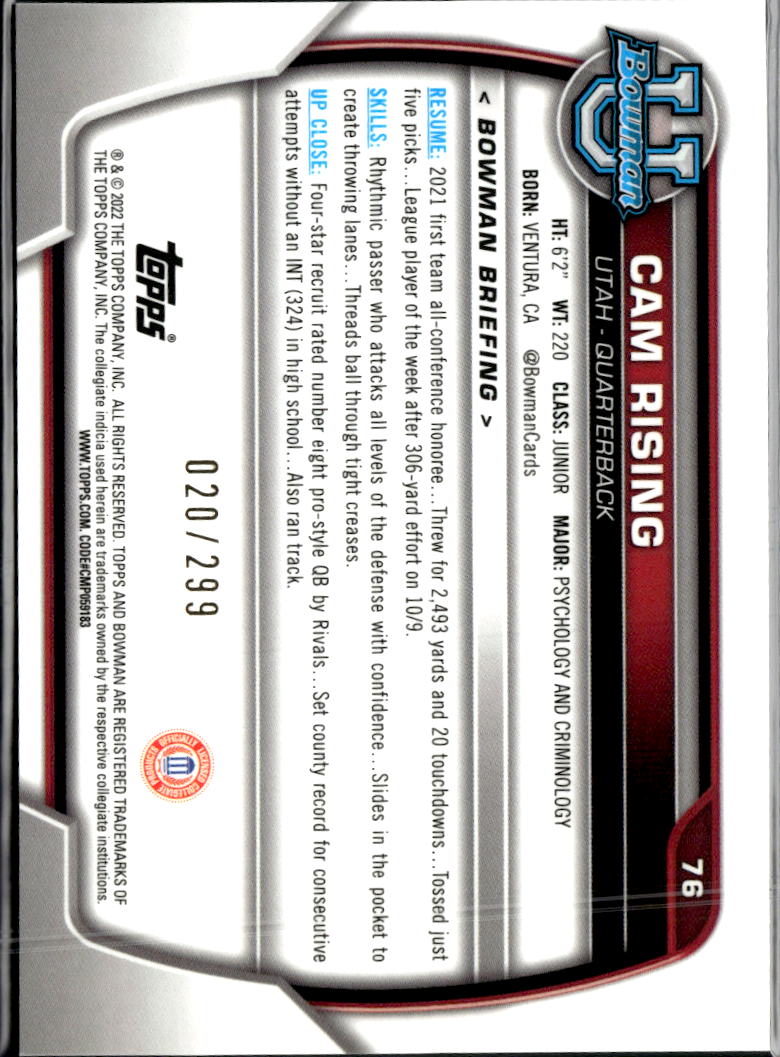 Cam Rising 2022 Bowman Chrome Aqua Wave /299 Utah Utes