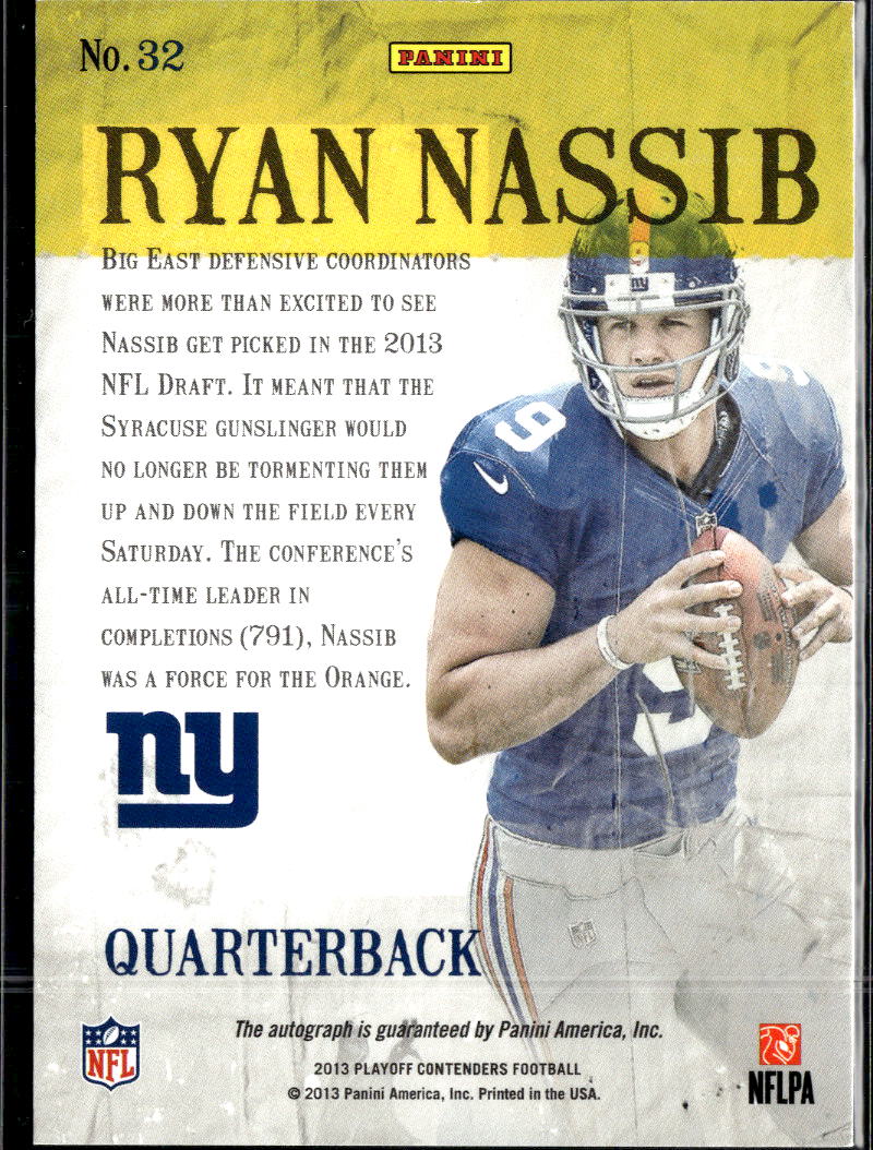 Ryan Nassib 2013 Contenders Auto Autograph RC Ink New York Giants