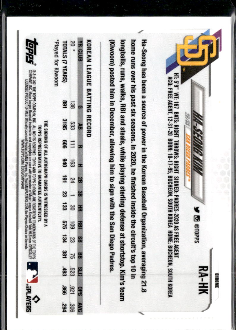 Ha-Seong Kim 2021 Topps Chrome Sapphire Auto Autograph RC San Diego Padres