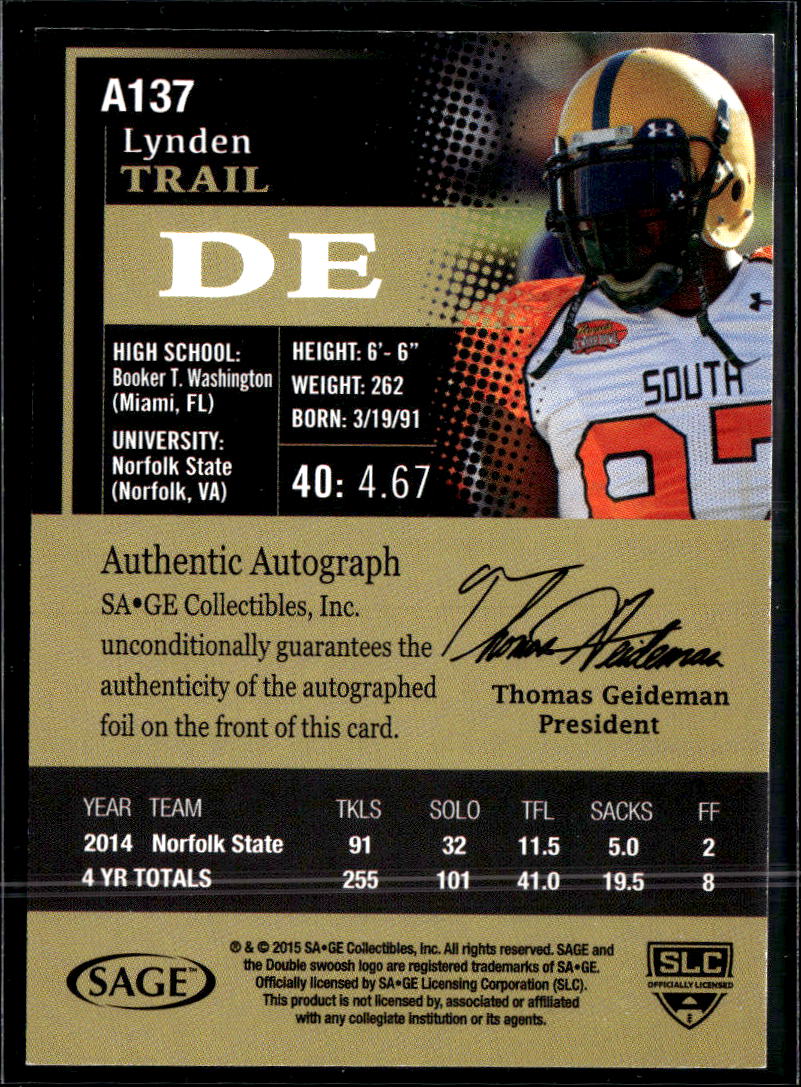 Lynden Trail 2015 SAGE HIT Auto Autograph RC Norfolk State Spartans