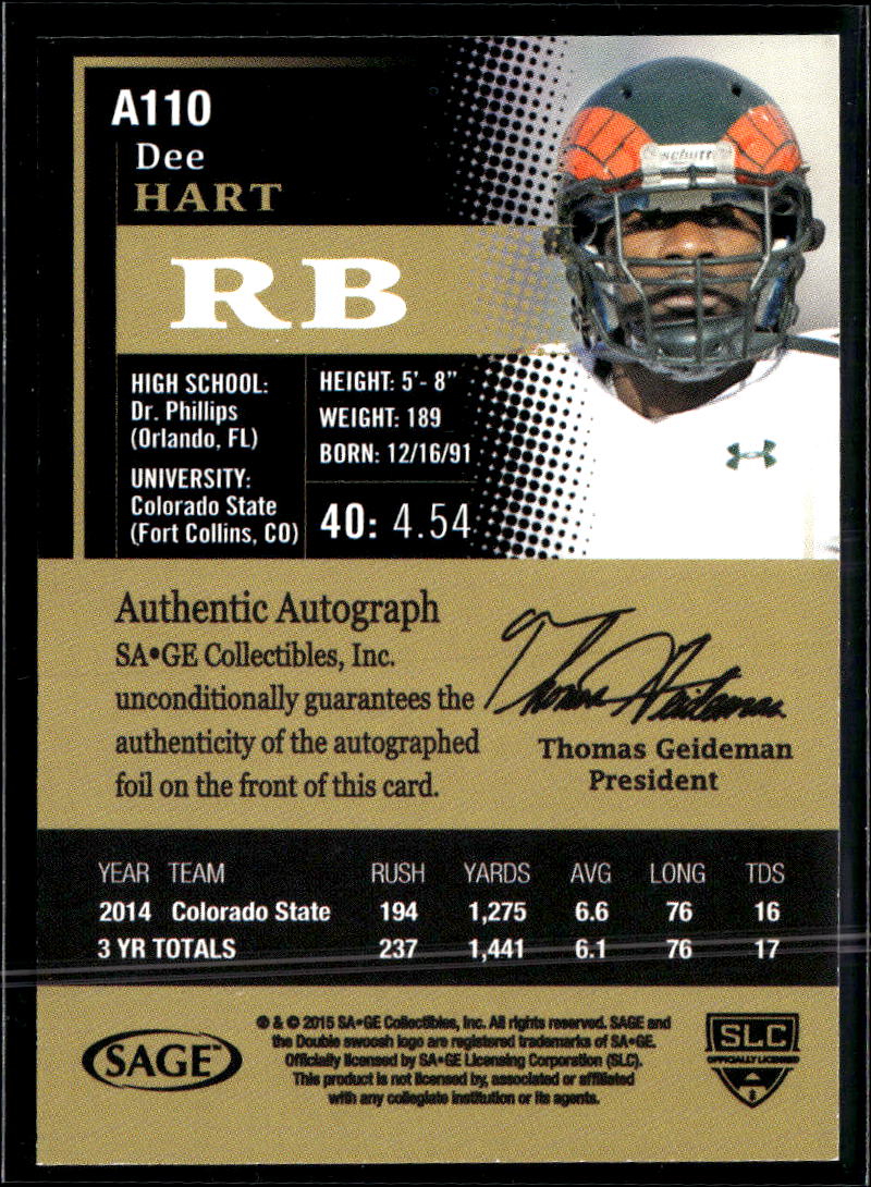 Dee Hart 2015 SAGE HIT Auto Autograph RC Colorado State Rams