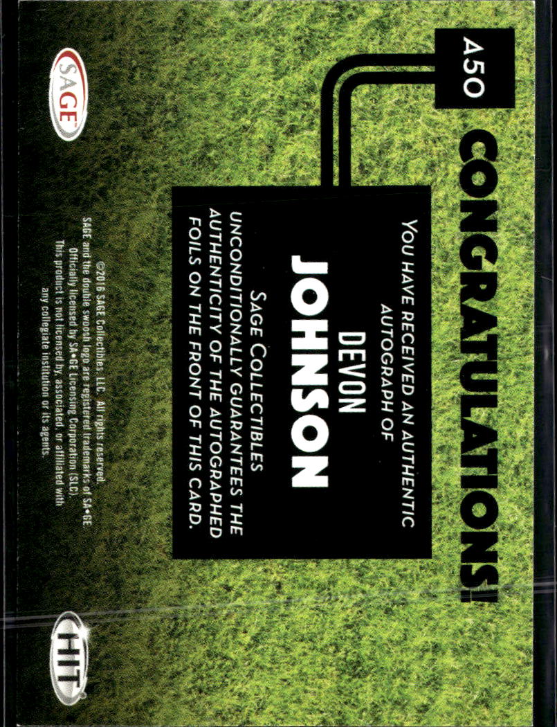 Devon Johnson 2016 SAGE HIT Auto Autograph RC Marshall Thundering Herd