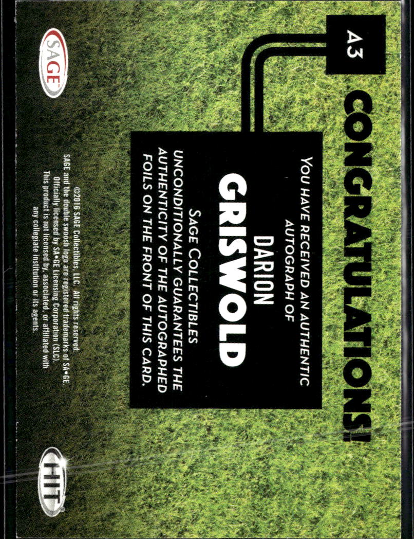 Darion Griswold 2016 SAGE HIT Auto Autograph RC