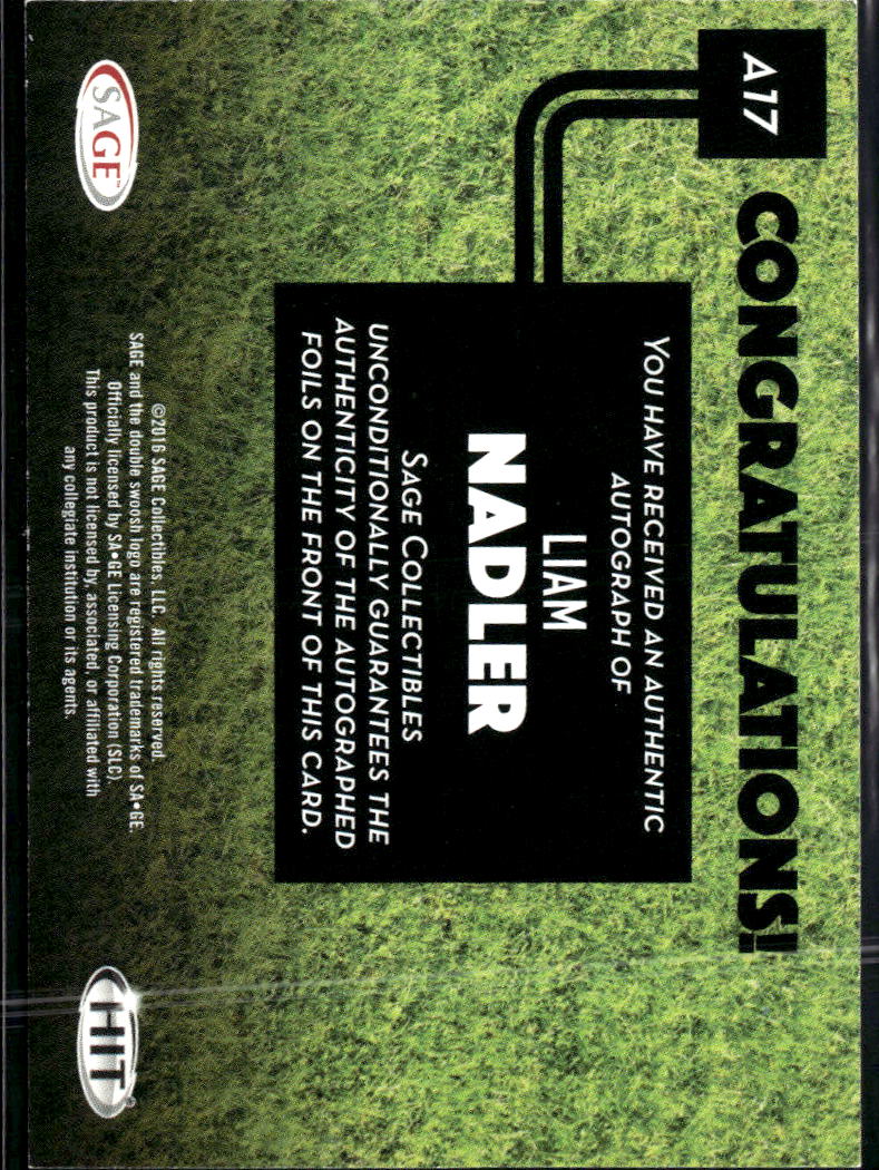 Liam Nadler 2016 SAGE HIT Auto Autograph RC Boston College