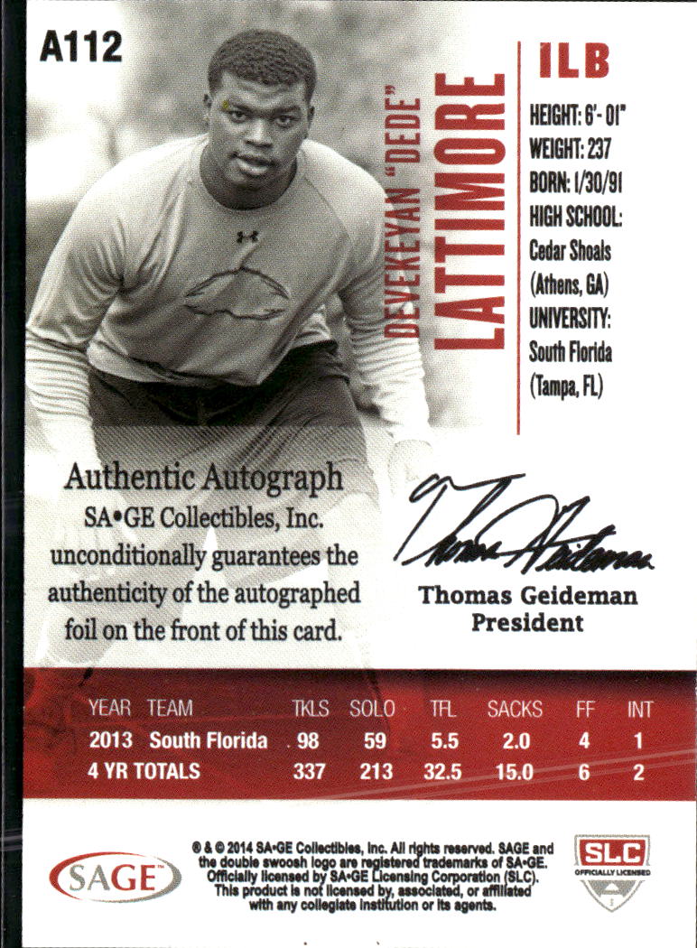 DeDe Lattimore 2014 SAGE HIT Auto Autograph RC South Florida Bulls