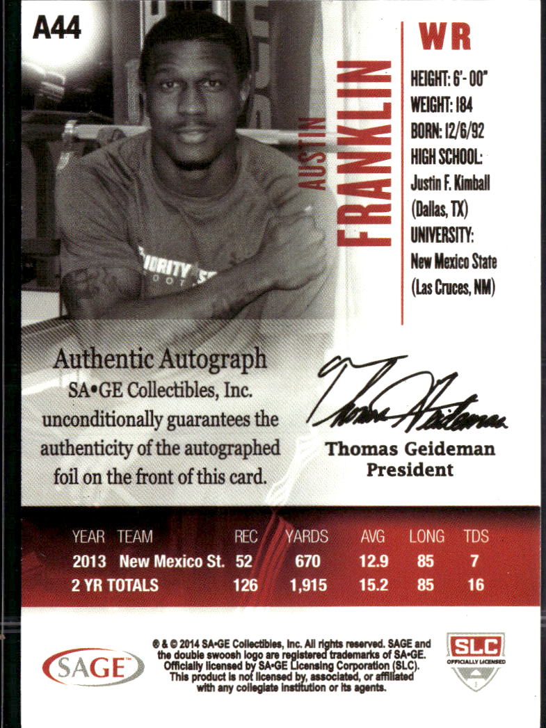 Austin Franklin 2014 SAGE HIT Auto Autograph RC New Mexico State Aggies