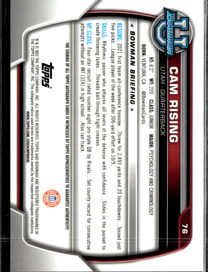 Cam Rising 2022 Bowman University 1st Auto Autograph Utah Utes