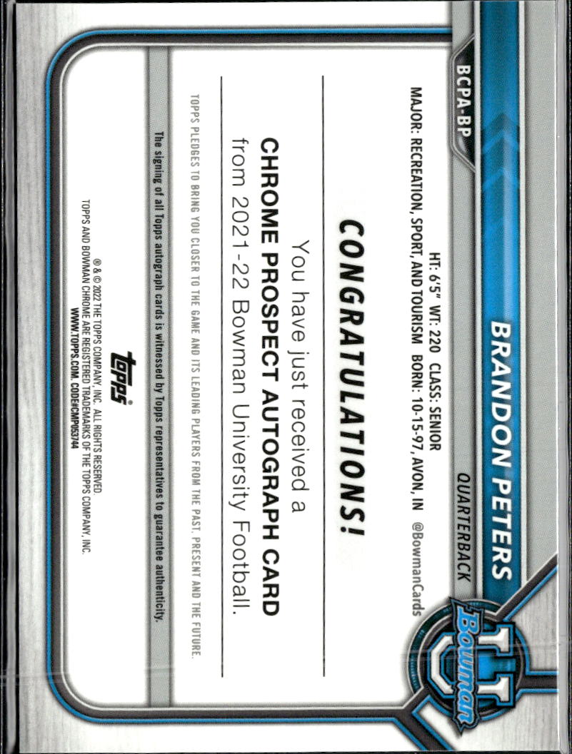 Brandon Peters 2022 Bowman Chrome 1st Autograph Auto Illinois Fighting Illini
