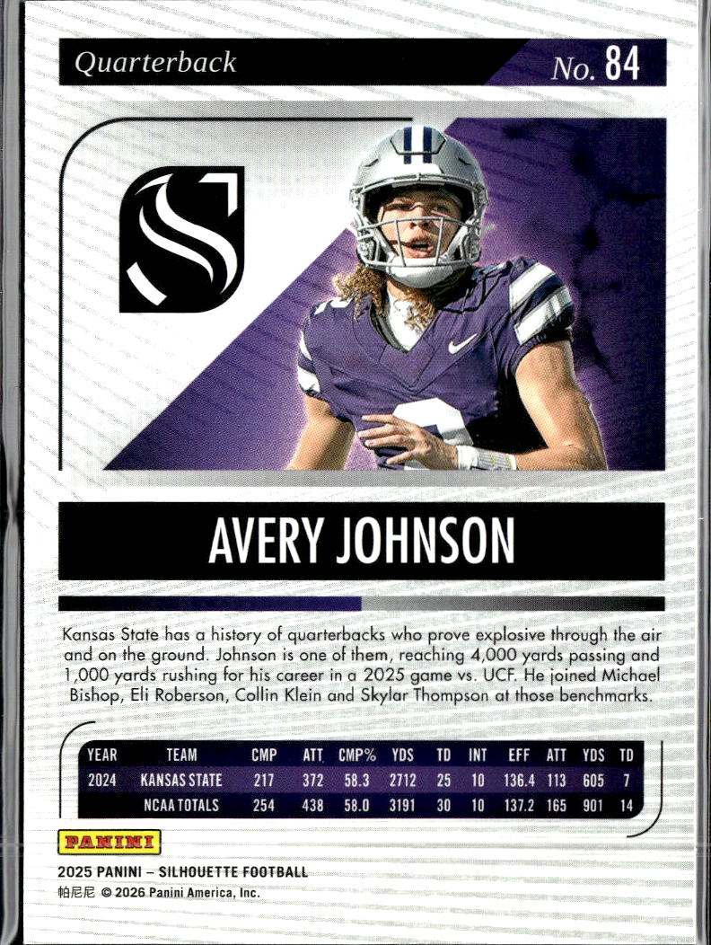 Avery Johnson 2025 Silhouette Rookie RC Kansas State Wildcats