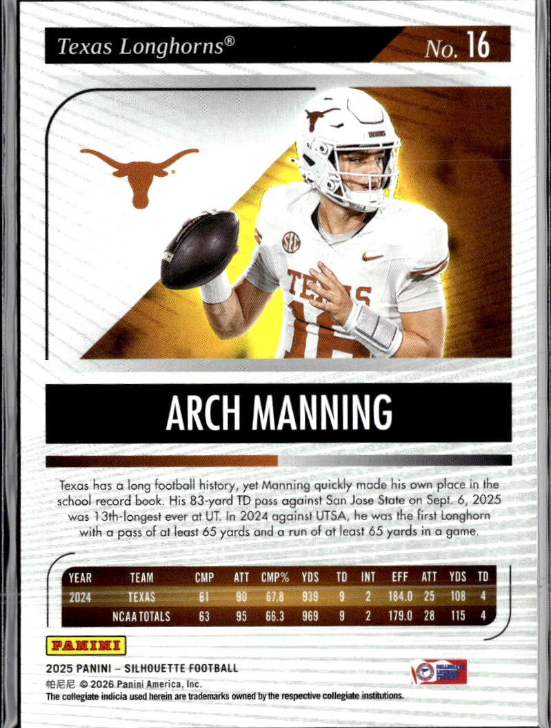 Arch Manning 2025 Panini Silhouette Rookie RC Texas Longhorns
