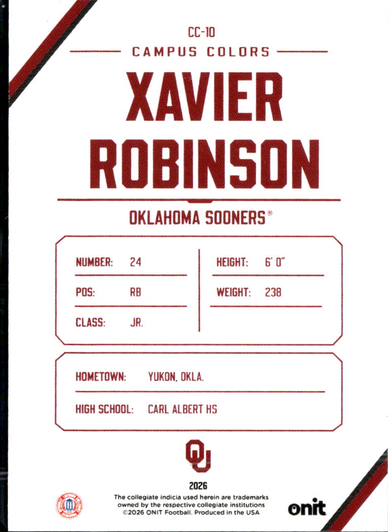 Xavier Robinson 2026 ONIT Football Campus Colors Rookie RC Oklahoma Sooners