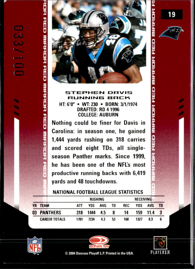 Stephen Davis 2004 Leaf Certified Mirror Red /100 Carolina Panthers
