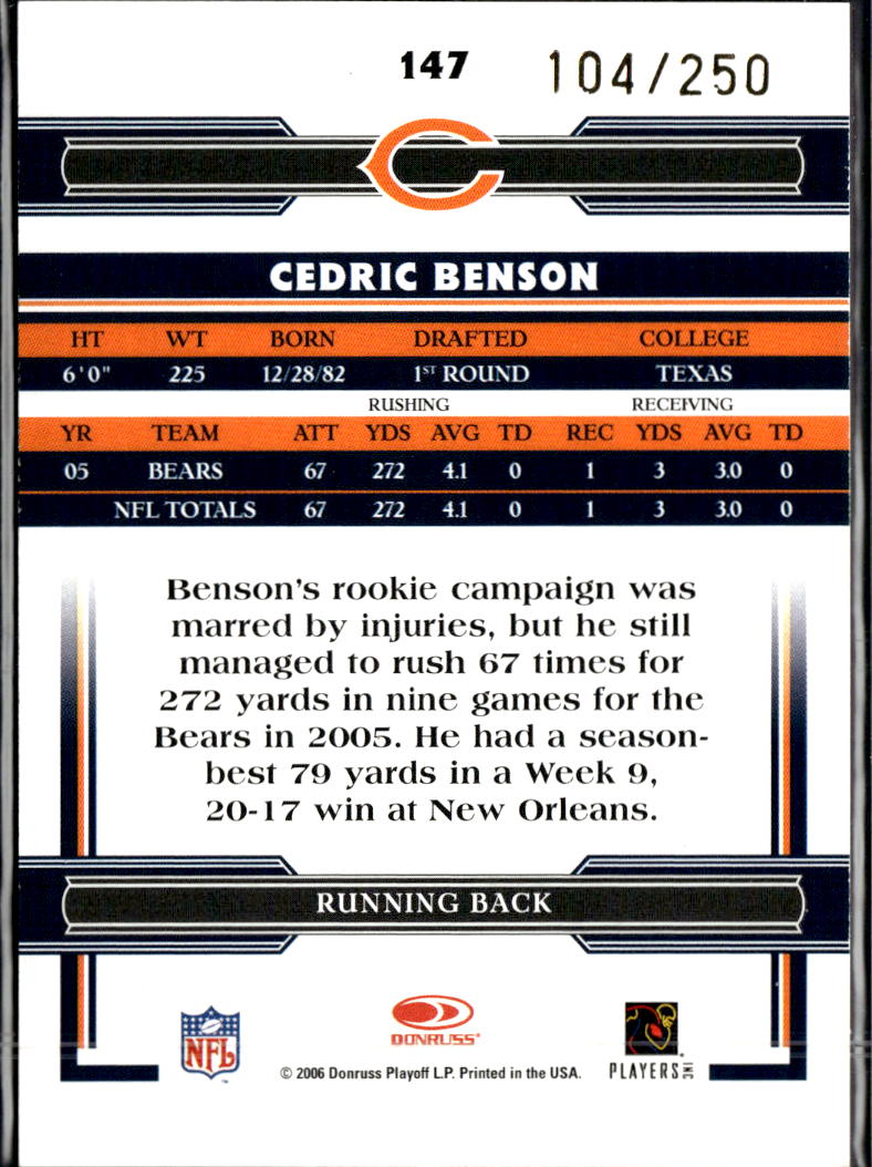 Cedric Benson 2006 Donruss Threads Silver /250 Chicago Bears